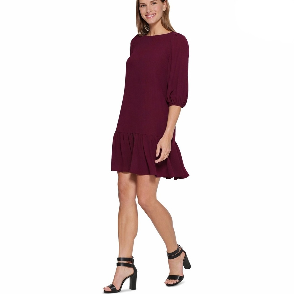 DKNY Burgundy S Shift Mini Dress Puff Balloon Sleeve Ruffle Hem Trapeze Modern